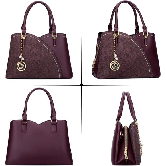 Women’s Wine Triple Compartment Satchel Fashion Top Handle Shoulder Bag - Picture 4 of 6